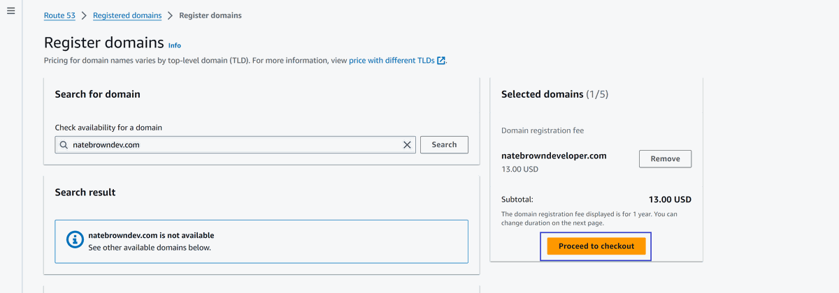 picture of the Search for Domains view, with the Proceed to Checkout button highlighted
